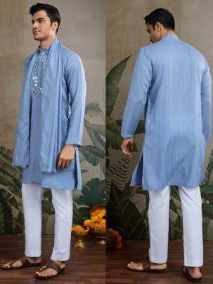 Cotton Fabric Dusty Sky Blue Mens Kurta With Dupatta