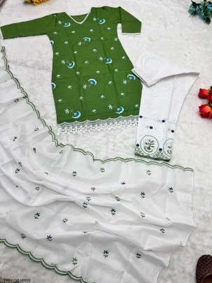 Embroidery Green Cotton Kurti Pant Sets with Dupatta