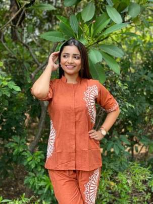 Cotton Straight Cut Carrot Orange Co-Ord Set With Embroidery