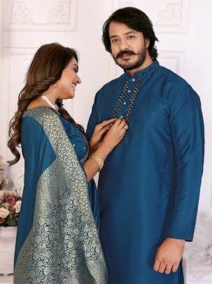 Couple Dress Set Dola Silk Saree And Kurta Pajama