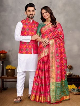 Couple Men s Kurta Koti   Female Saree Matching Combo 