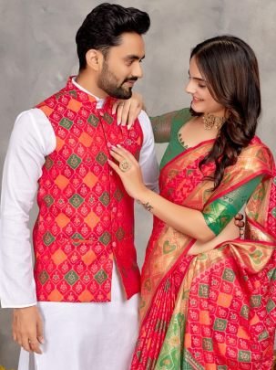 Couple Men s Kurta Koti   Female Saree Matching Combo