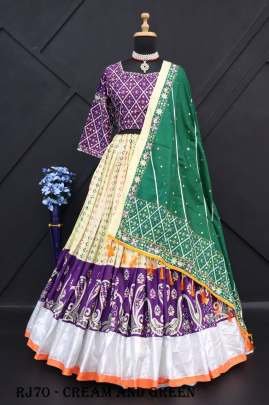 Cream And Green mirror work Gujarati garba navratri chaniya choli