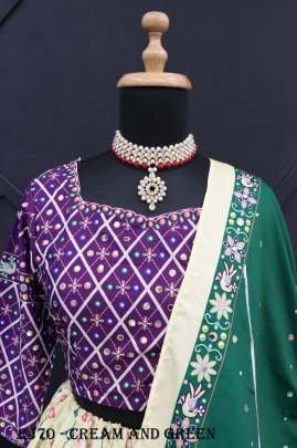 Cream And Green mirror work Gujarati garba navratri chaniya choli