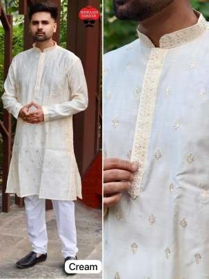 Cream Attractive Wedding Embroidery Work Silk Kurta Set For Men