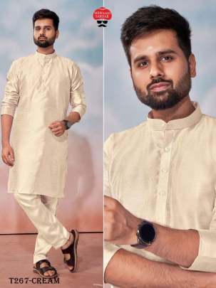 Cream Banglori Silk Kurta Polo Pant Set For Mens