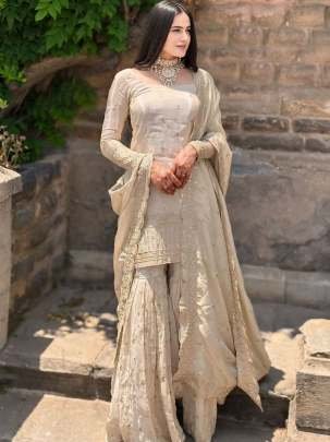 Cream Color Heavy Chinon Silk  Embroidery Sequence Work Sharara Suit