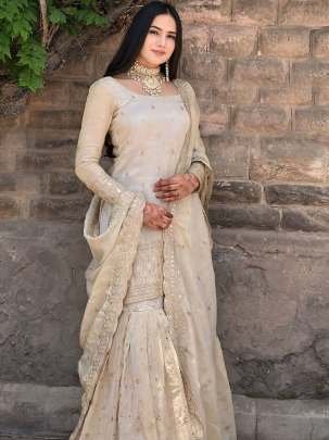 Cream Color Heavy Chinon Silk  Embroidery Sequence Work Sharara Suit