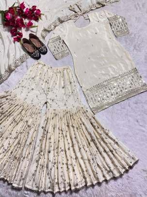 Cream Color Heavy Chinon Silk  Embroidery Sequence Work Sharara Suit