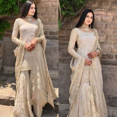 Cream Color Heavy Chinon Silk  Embroidery Sequence Work Sharara Suit