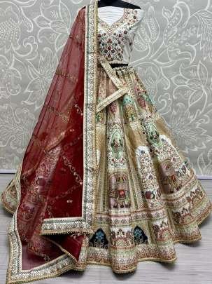 Cream Colour Sequins Work Elephant Patch work Bridal Lehenga