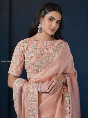 Cream Sequin Saree with Moti Work 24500 Series by Mahotsav