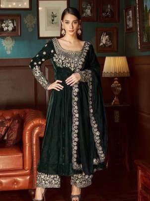 Dark Green Designer Heavy Velvet Anarkali Gown With Dupatta Set