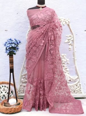 Dark Peach Sonalika Embroidered Pure Soft Net Saree