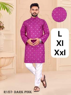  Dark Pink New Special Mirror Work Cotton Men Kurta With Pajama