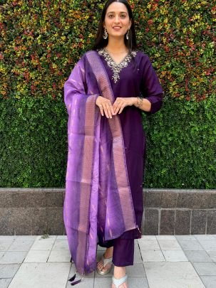 Delightful Roman Silk With Hand Work Kurti Pent Set