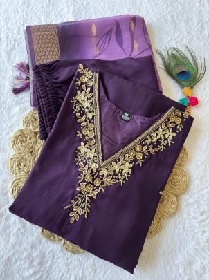 Delightful Roman Silk With Hand Work Kurti Pent Set