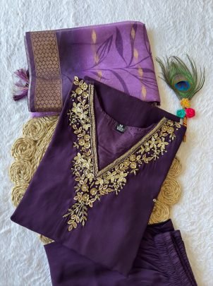 Delightful Roman Silk With Hand Work Kurti Pent Set