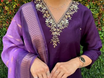 Delightful Roman Silk With Hand Work Kurti Pent Set