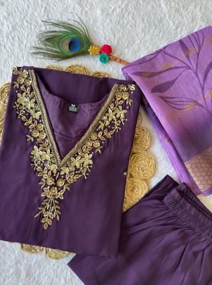 Delightful Roman Silk With Hand Work Kurti Pent Set