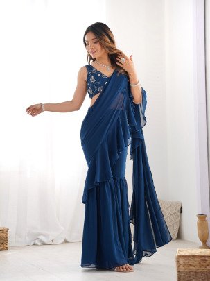 Delightful Teablue Ready To Wear Sharara Saree With Ready Made Blouse