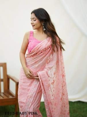 Designer Baby Pink Georgette Embroidery Silk Flower Print Saree