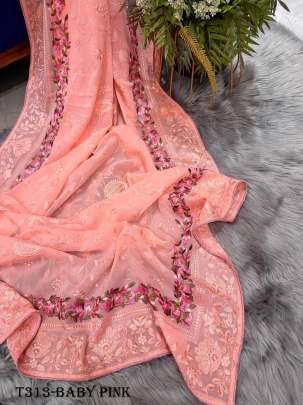 Designer Baby Pink Georgette Embroidery Silk Flower Print Saree