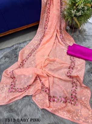 Designer Baby Pink Georgette Embroidery Silk Flower Print Saree