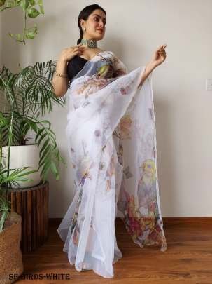 Designer Birds Handcrafted Pure Organza Saree