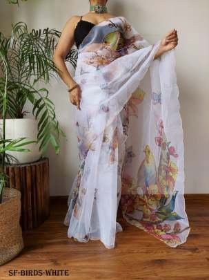 Designer Birds Handcrafted Pure Organza Saree