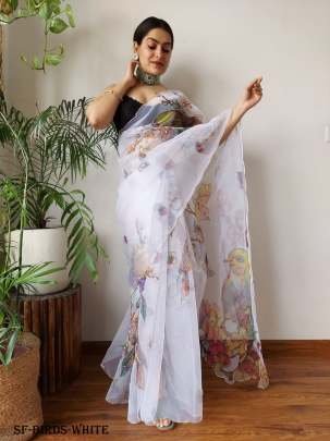 Designer Birds Handcrafted Pure Organza Saree