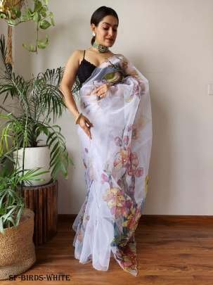 Designer Birds Handcrafted Pure Organza Saree