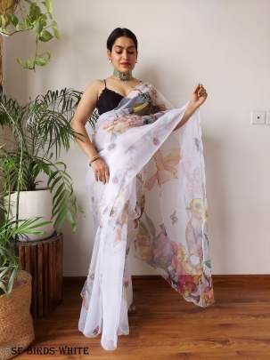 Designer Birds Handcrafted Pure Organza Saree