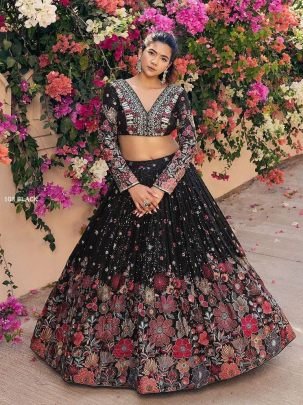 Designer Black Foux Georgette Floral Lehenga Set 