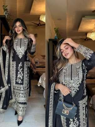 Designer Black Heavy Embroidery Work Pure Chinon Silk Palazo Suits