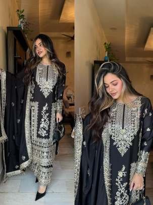 Designer Black Heavy Embroidery Work Pure Chinon Silk Palazo Suits