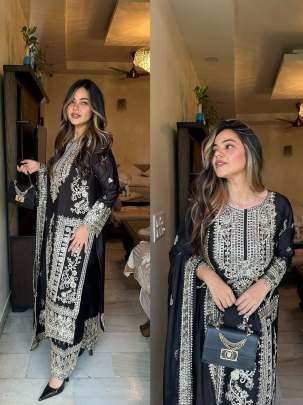 Designer Black Heavy Embroidery Work Pure Chinon Silk Palazo Suits