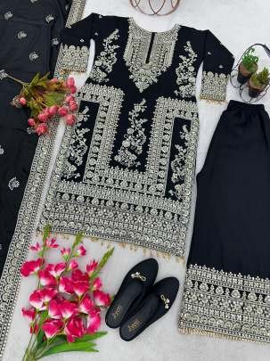 Designer Black Heavy Embroidery Work Pure Chinon Silk Palazo Suits