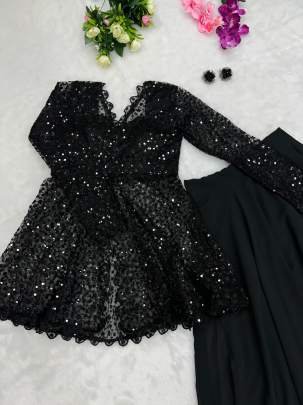 Designer Blazer Style Heavy Work Black Color Top With Lehenga
