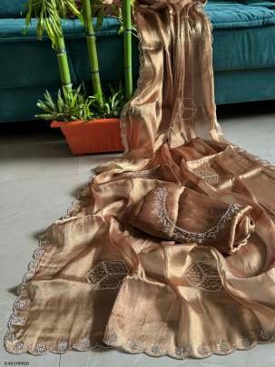 Designer Burburry Copper Diamond Cut Work Saree