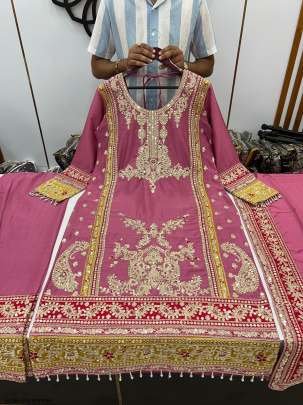 Designer Chinon Silk Hot Pink Colour Top Bottom With Dupatta Set