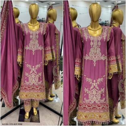 Designer Chinon Silk Hot Pink Colour Top Bottom With Dupatta Set