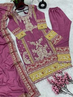 Designer Chinon Silk Hot Pink Colour Top Bottom With Dupatta Set