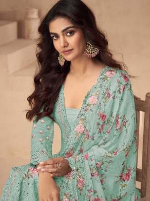 Designer Chinon Silk Sea Green Suit With Embroidery Sequence Work