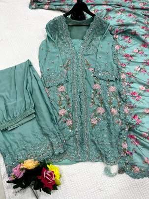 Designer Chinon Silk Sea Green Suit With Embroidery Sequence Work