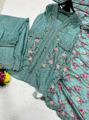 Designer Chinon Silk Sea Green Suit With Embroidery Sequence Work