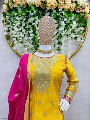 Designer Chinon Silk Yellow Sequence Work Sharara Suit