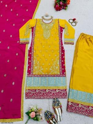 Designer Chinon Silk Yellow Sequence Work Sharara Suit