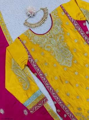 Designer Chinon Silk Yellow Sequence Work Sharara Suit