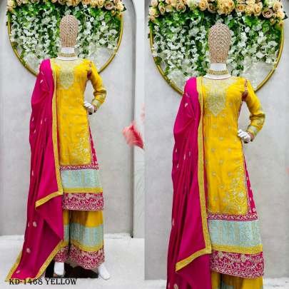 Designer Chinon Silk Yellow Sequence Work Sharara Suit